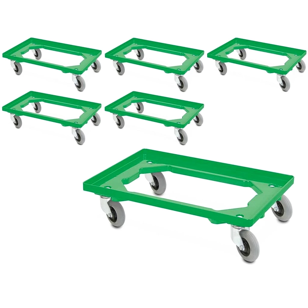 6x Transportroller mit Flüsterrollen, grün, für Behälter 600x400 mm oder 2x 400x300 mm